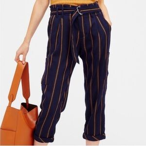 Free People Brody Wool Striped Belted Cropped Trousers Pants Navy Academia 2